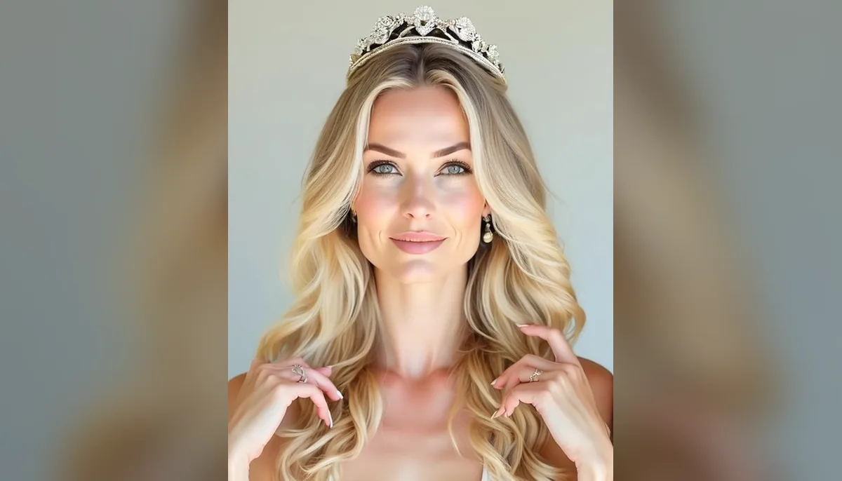 Blonde woman with a tiara in a white bikini top, AI-generated decorative image