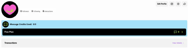 CrushOn.AI web profile on a free account, showing the Message Credits Used bar, the Free Plan bar, and the Transactions row with a View Details link