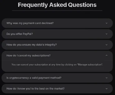 GirlfriendGPT FAQ with the question How do I cancel my subscriptions opened, answering that you can cancel at any time by clicking Manage subscription