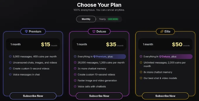 GirlfriendGPT Choose Your Plan page on the Monthly tab, showing Premium at $15, Deluxe at $35 and Elite at $50 a month with each plan's messages, coins and features
