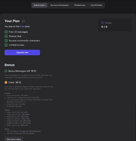 GirlfriendGPT account page, Subscription tab, on the free plan, showing Your Plan with an Upgrade plan button, bonus messages and the coin balance