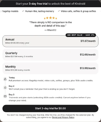 Kindroid web checkout offering a 3-day free trial, with Annual billed $139.99 a year ($11.67 a month, save 17%), Quarterly billed $37.99 every 3 months ($12.66 a month), and Monthly billed $13.99