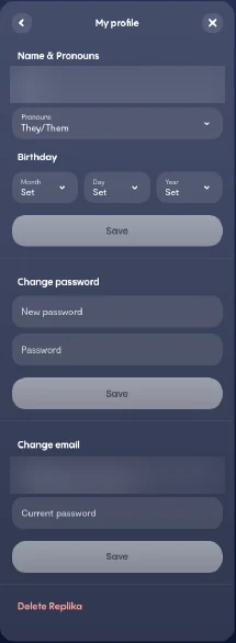 Replika web My profile panel with name, pronouns and birthday fields, Change password and Change email sections, and a red Delete Replika link at the bottom; personal details blurred