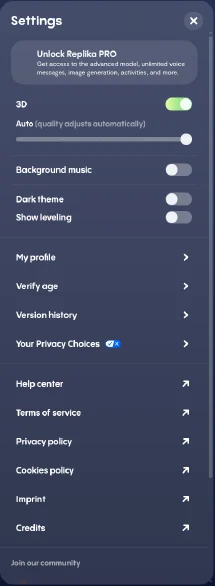 Replika web Settings panel on a free account, listing Unlock Replika PRO, 3D and theme toggles, My profile, Verify age, Version history, Your Privacy Choices, and Help center, with no subscription entry