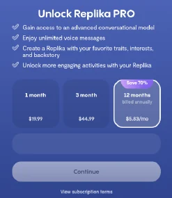 Replika web paywall titled Unlock Replika PRO, showing 1 month at $19.99, 3 months at $44.99 and 12 months at $5.83 a month billed annually